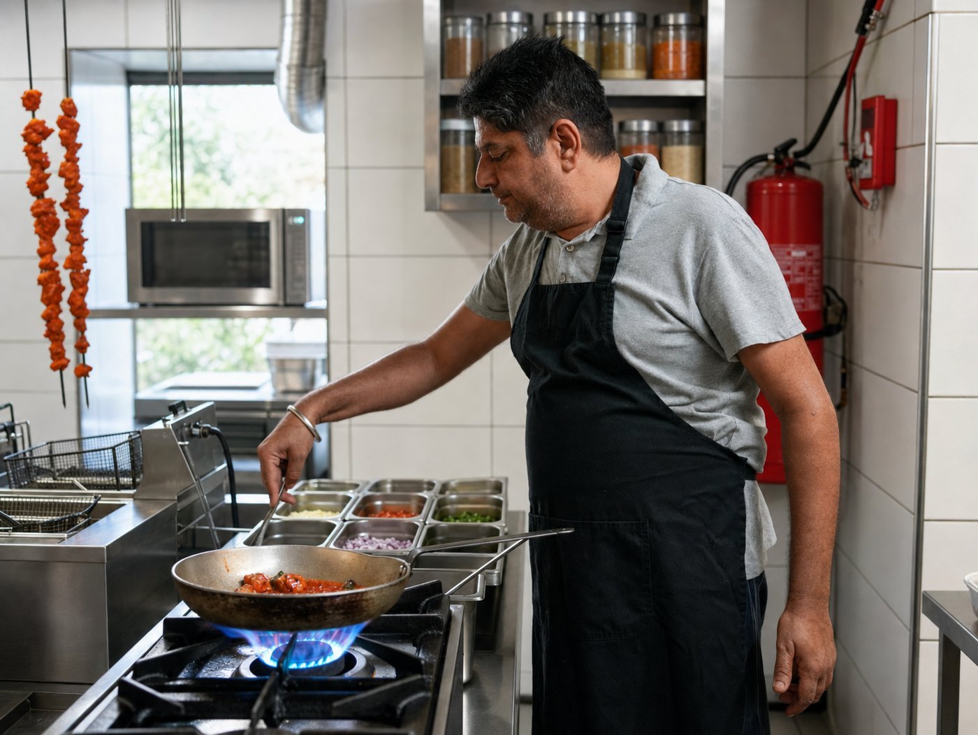 Chef Ghai Satnam cooking a curry at the stove in the Asian Palace kitchen